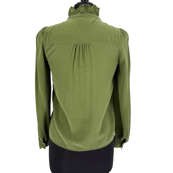 Sézane Chlo Embroidered 100% Silk Long Sleeve Blouse | Sz FR 32 (US 0) | Olive - Picture 9 of 16